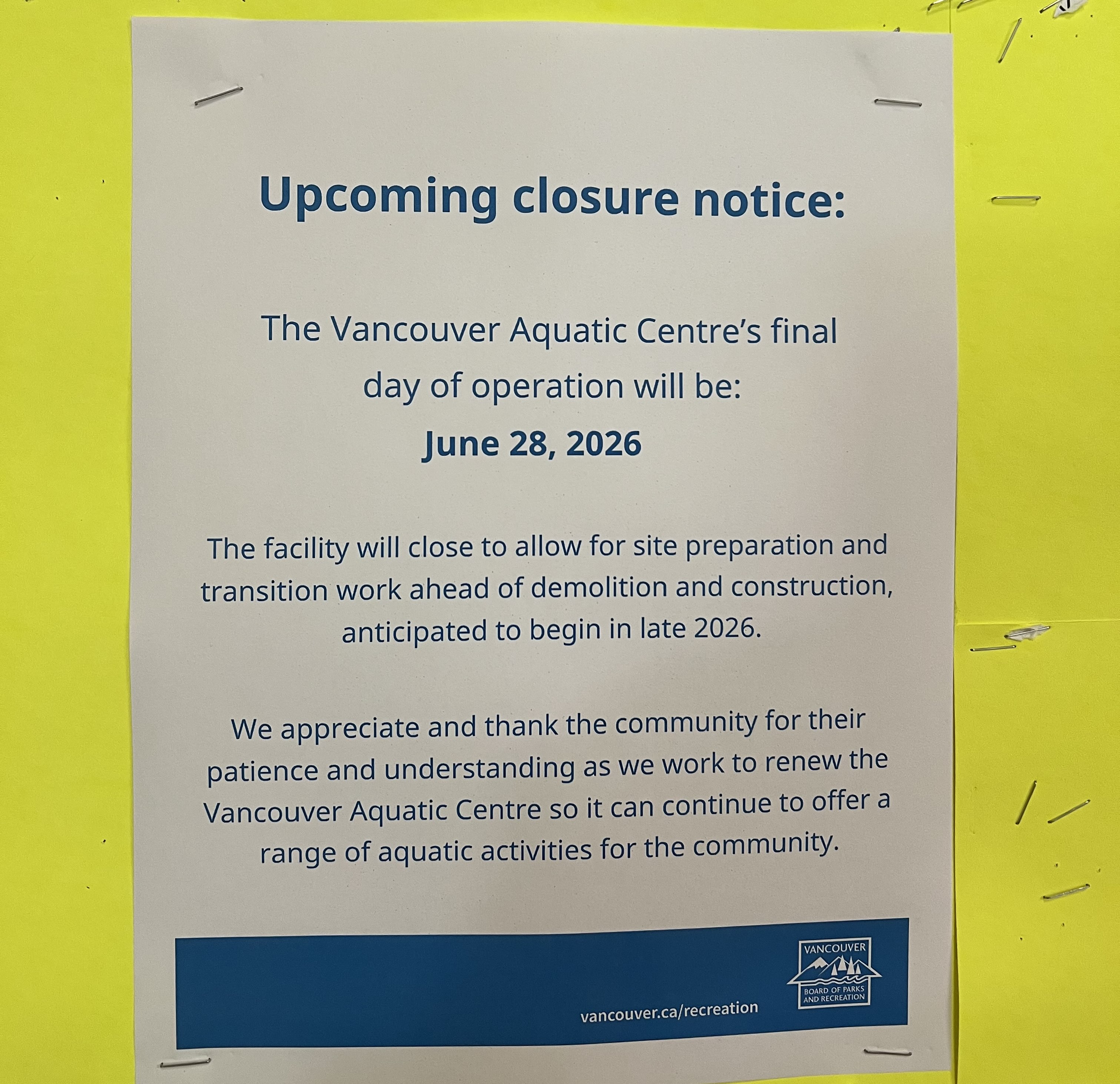 Vancouver Aquatic Centre Closure Notice